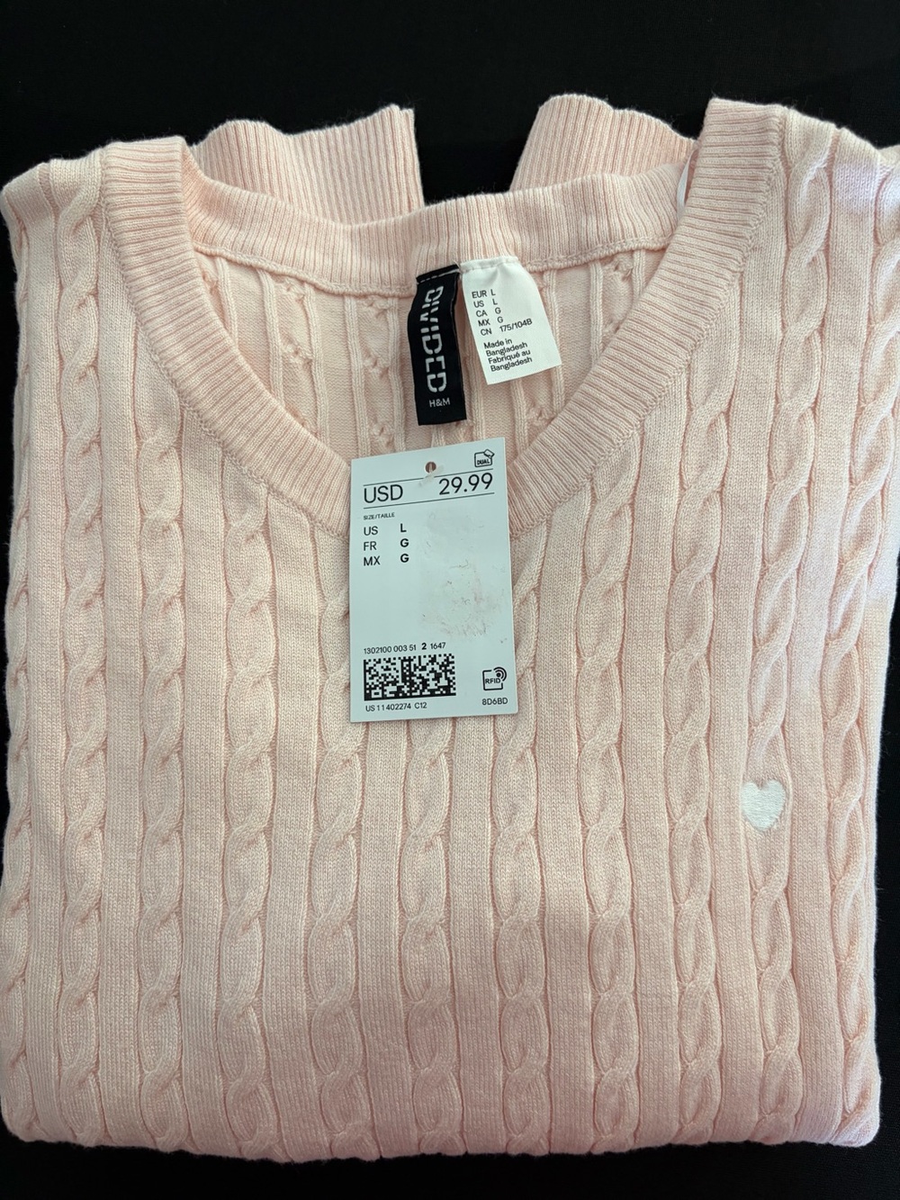 H&M Pink Cable-Knit Sweater with Small Heart Embroidery